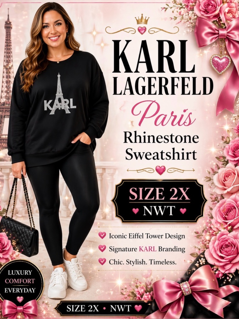 Karl Lagerfeld Black Sweatshirt with Silver Paris Eiffel Tower Women Size 2X NWT